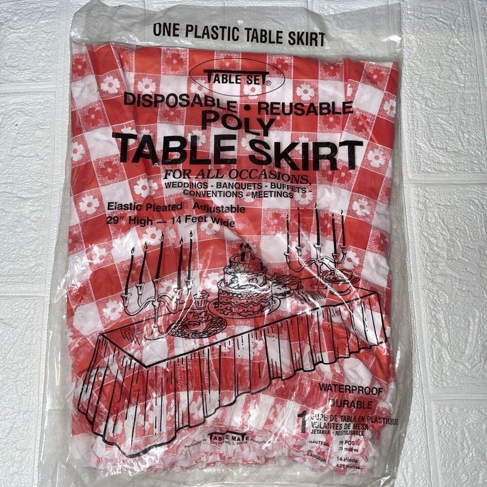 Vintage Red Gingham Table Set Disposable • Reusable Poly Table Skirt Elastic